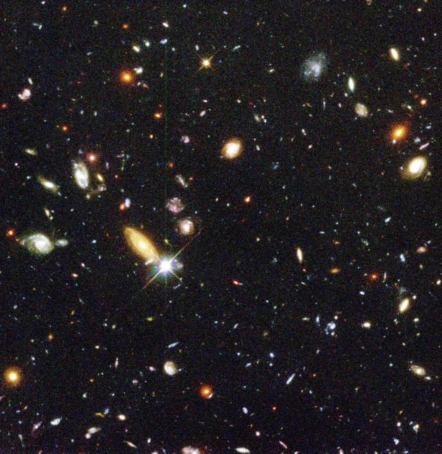 The Hubble Deep Field: a black frame scattered with several thousand galaxies in white, yellow, blue and red.