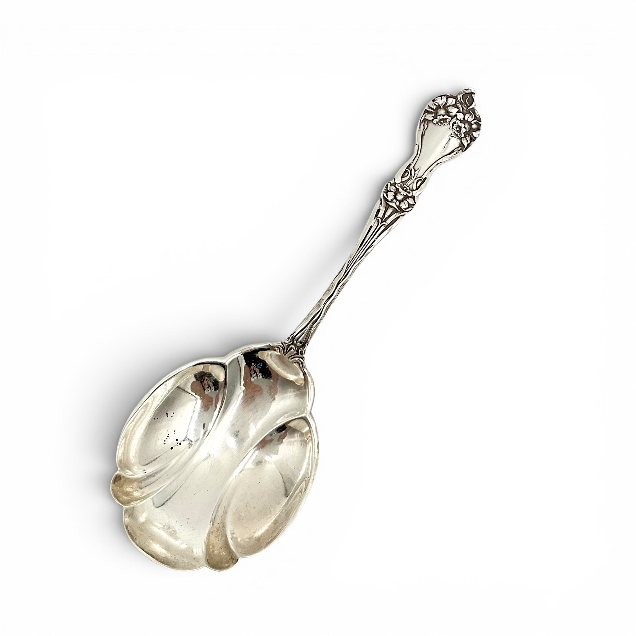 Alvin Sterling Silver Art Nouveau Berry Spoon — Floral Repousse Pattern