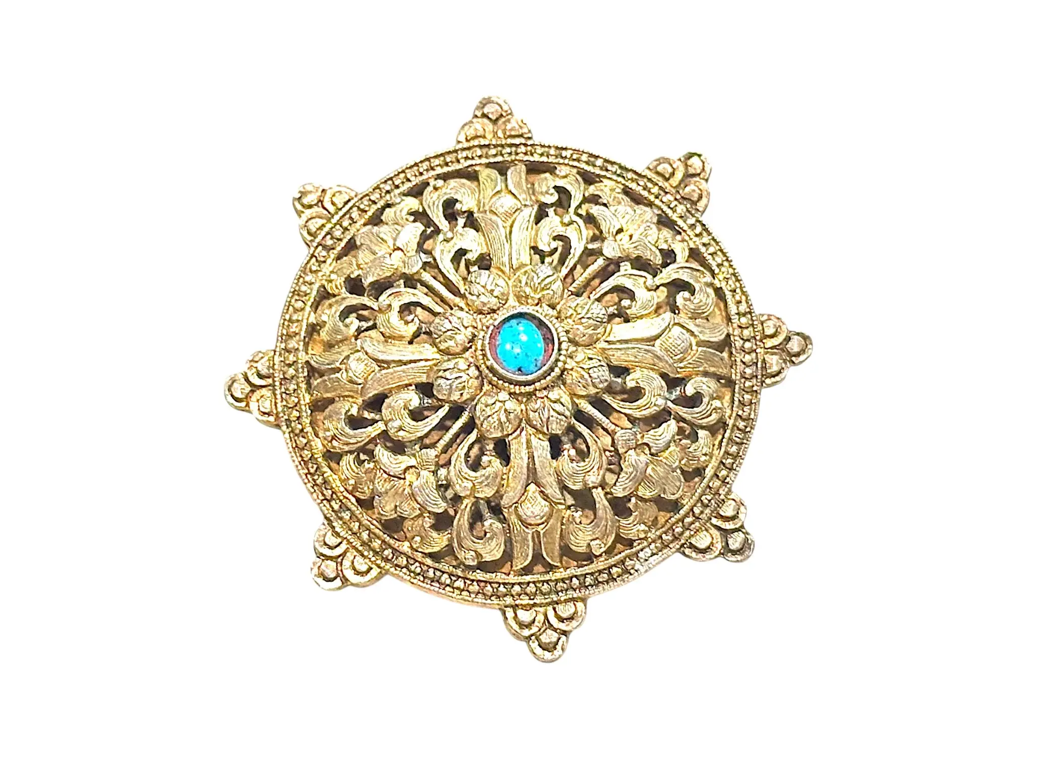 Antique Bhutanese Koma Sterling Silver Gold-Wash Brooch / Pendant with Turquoise Stone