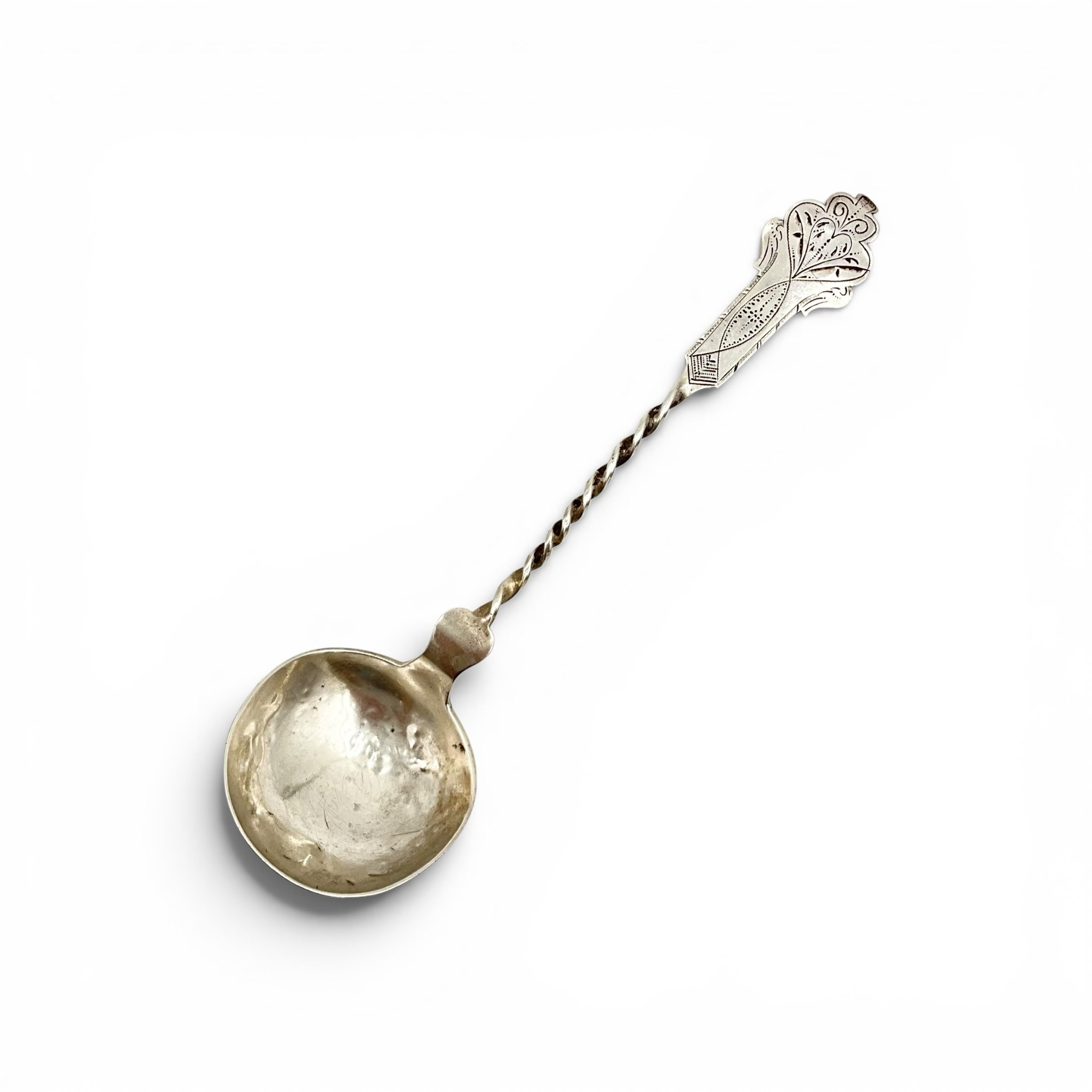 Antique Coin Silver Sauce Ladle — Twisted Handle, Engraved Finial, Marked P. Thoresen