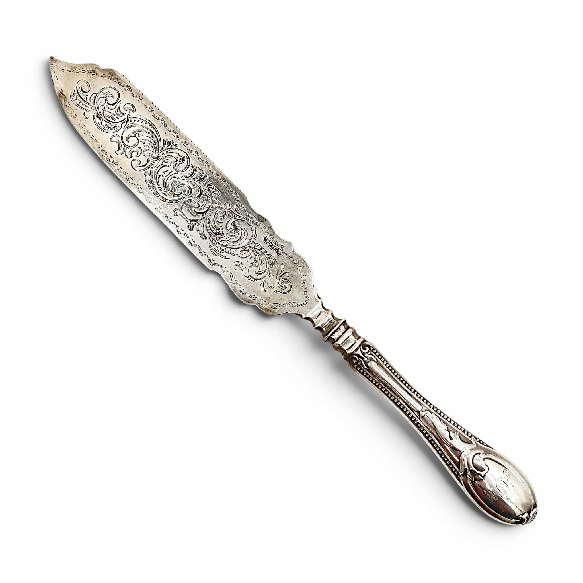 Antique French Silver Fish Server / Fish Slice — T&W Maker's Mark, Rooster Hallmark, Monogrammed Handle