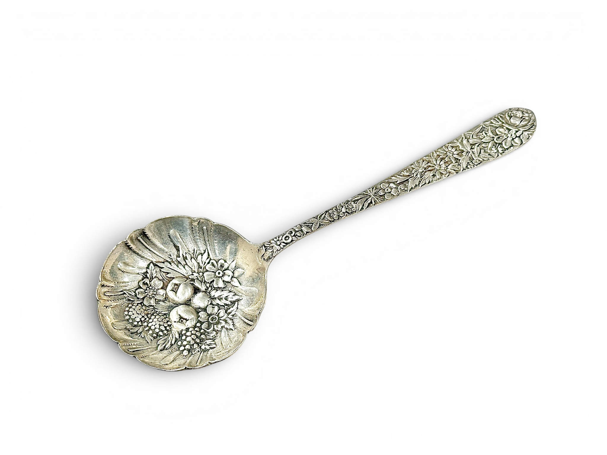 Antique Sterling Silver Berry Spoon With Embossed Fruit & Floral Design