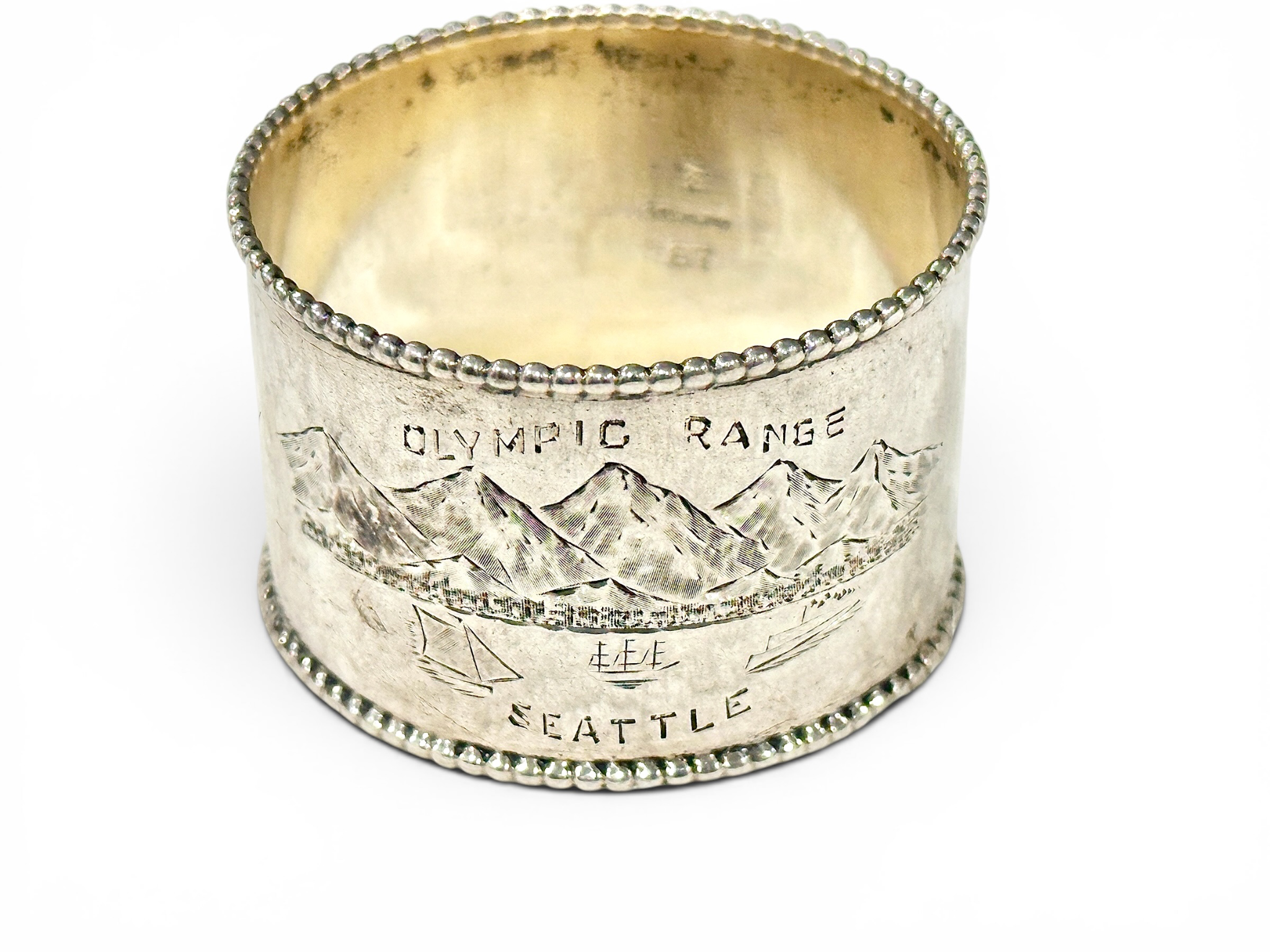 Antique Sterling Silver Souvenir Napkin Ring — Olympic Range Seattle, Gold-Washed Interior, Personalized