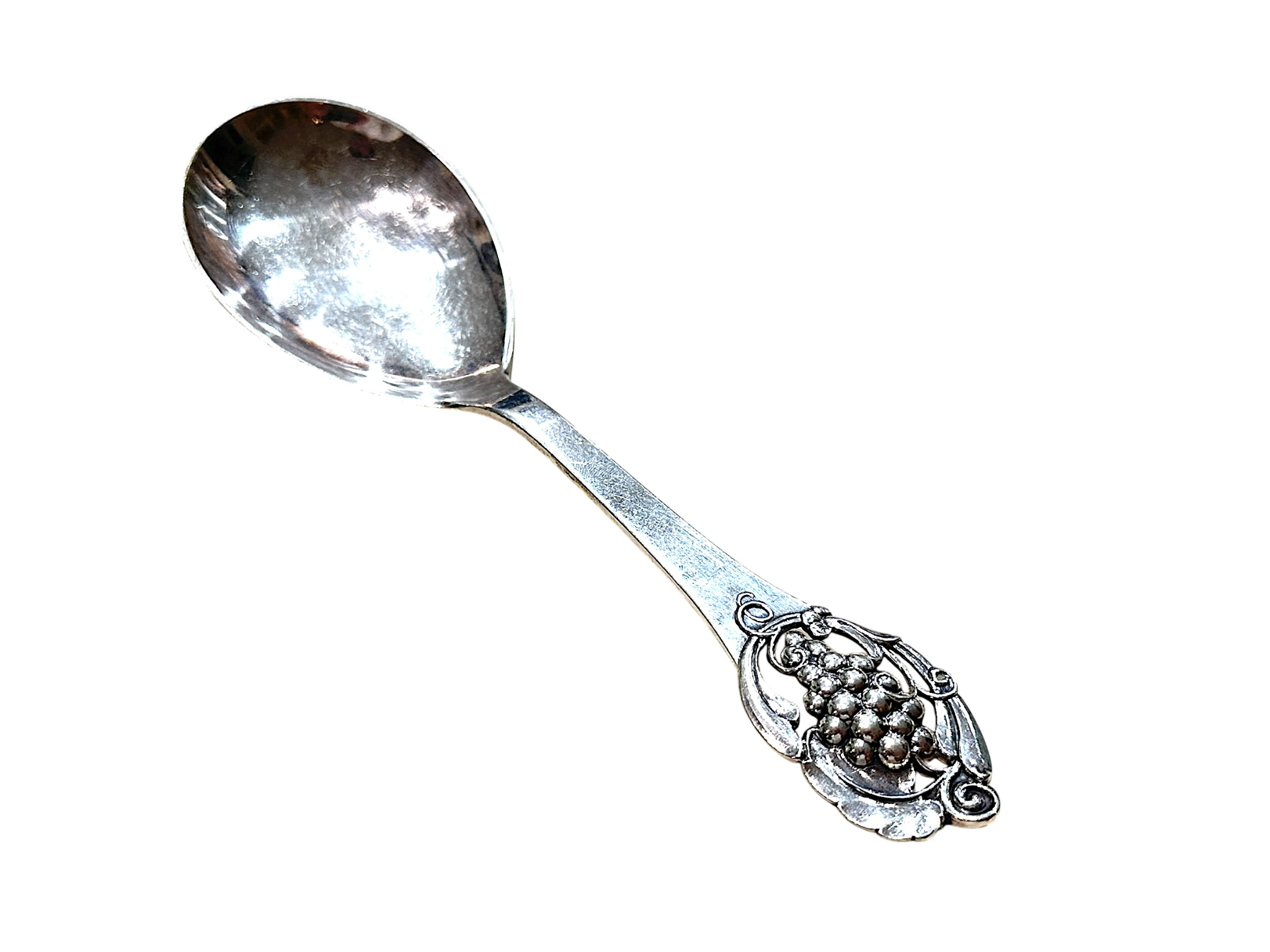 Gran & Laglye Scandinavian Sterling Silver Serving Spoon With Art Nouveau Grape & Scroll Design