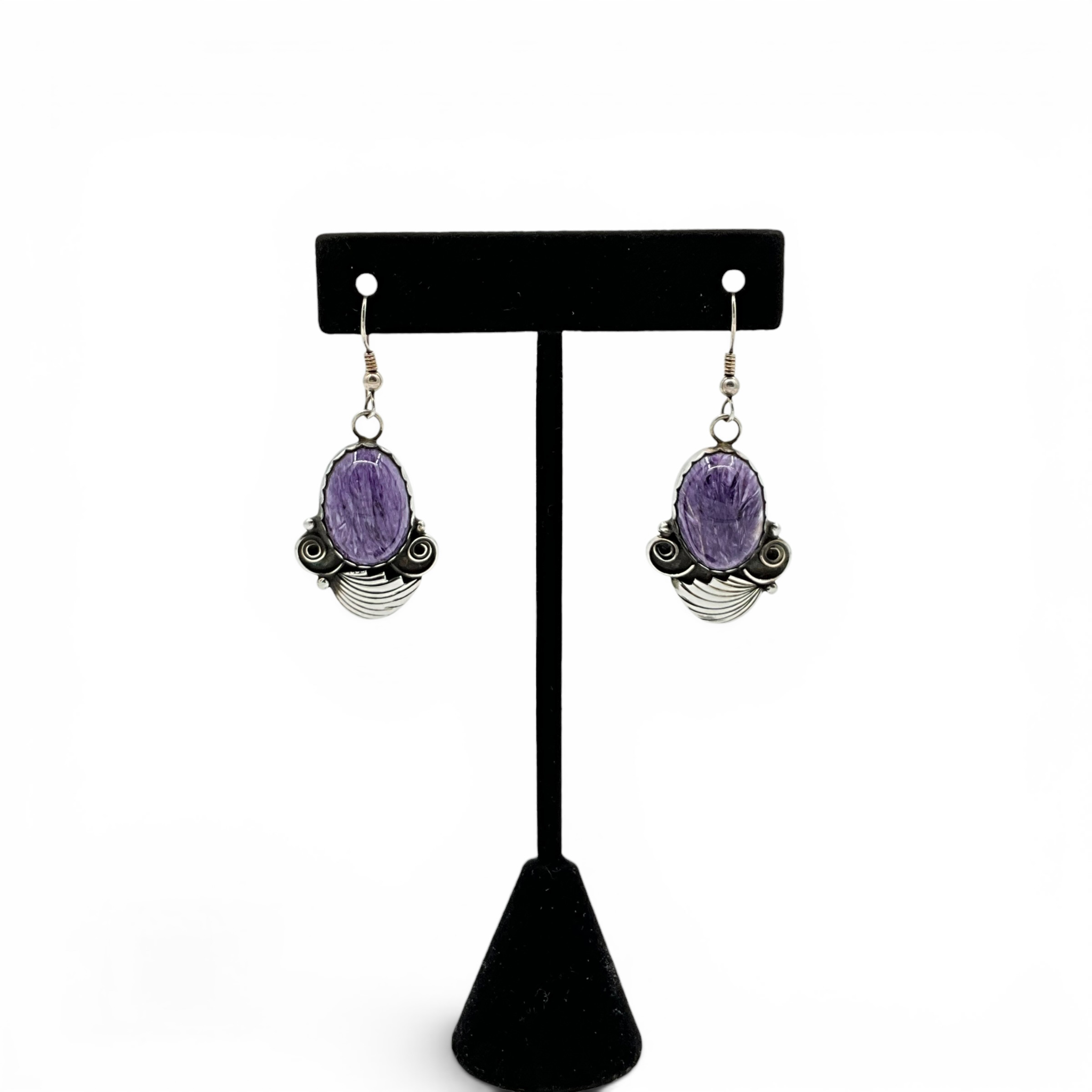 Len Adakai Navajo Sterling Silver Dangle Earrings With Purple Charoite Cabochons