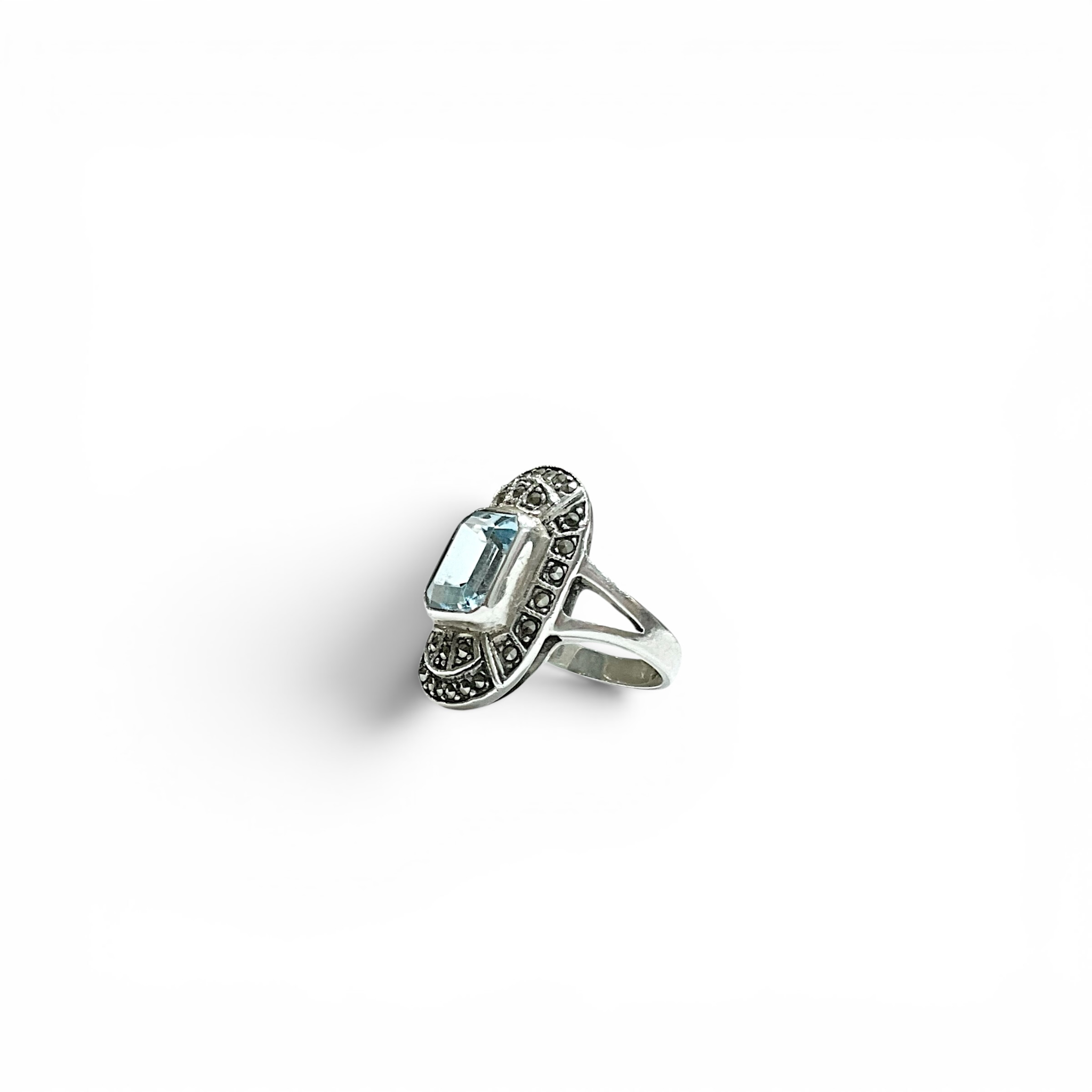 Sterling Silver Blue Topaz & Marcasite Art Deco-Style Cocktail Ring
