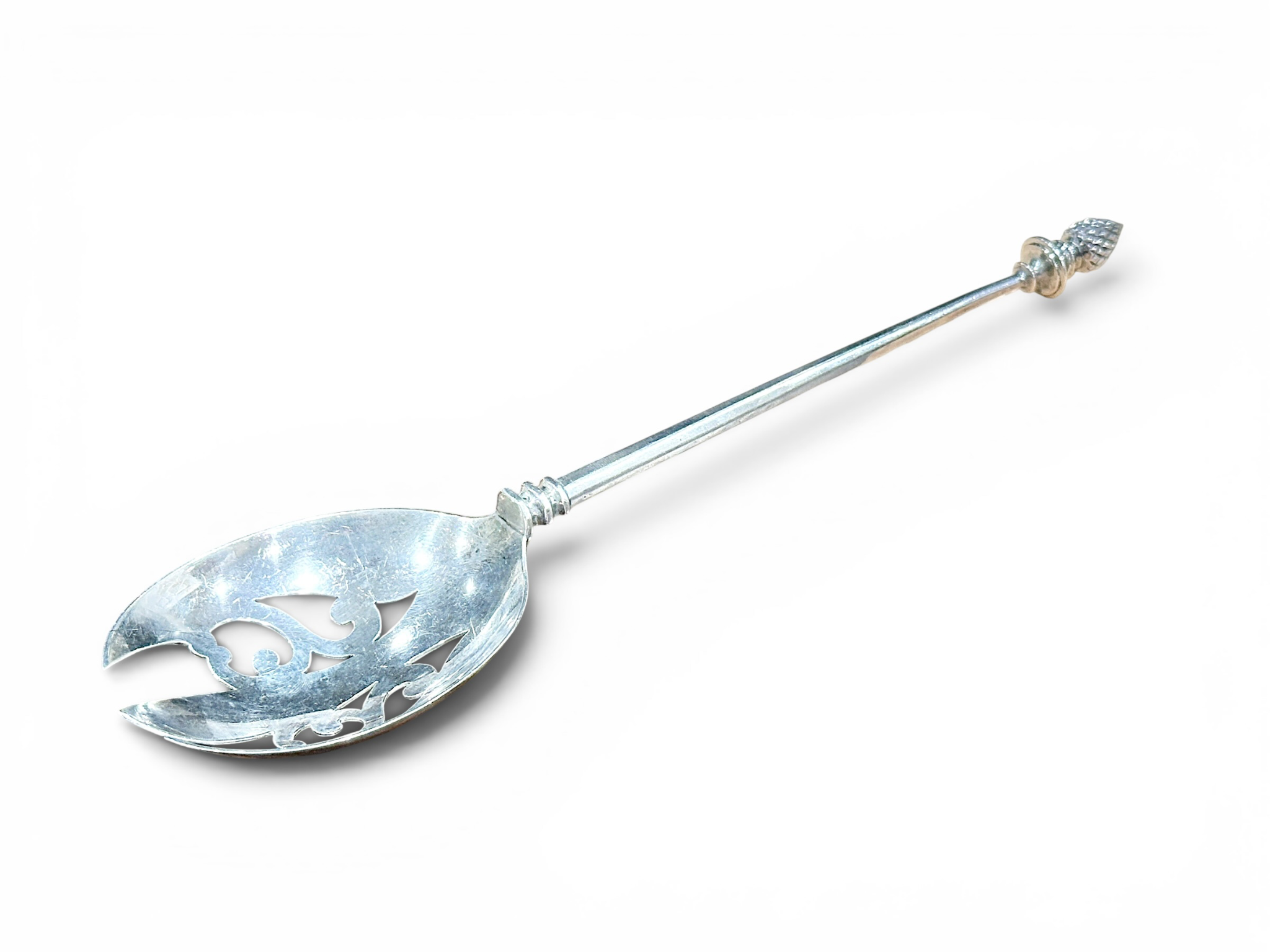 Sterling Silver Pierced Serving Spoon With Acorn Finial and Scrollwork Bowl