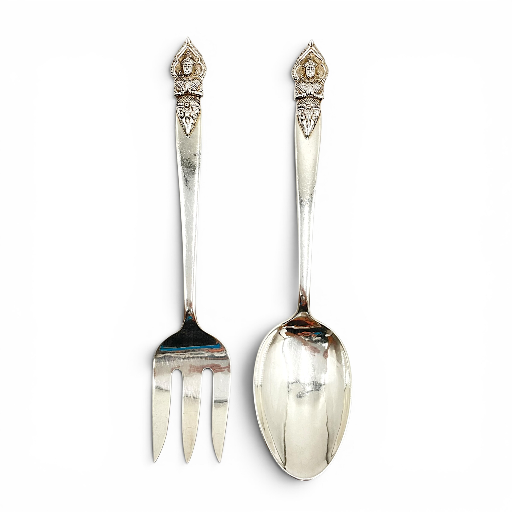 Thai Sterling Silver Salad Serving Set — Fork & Spoon with Figural Thai Deity Finials