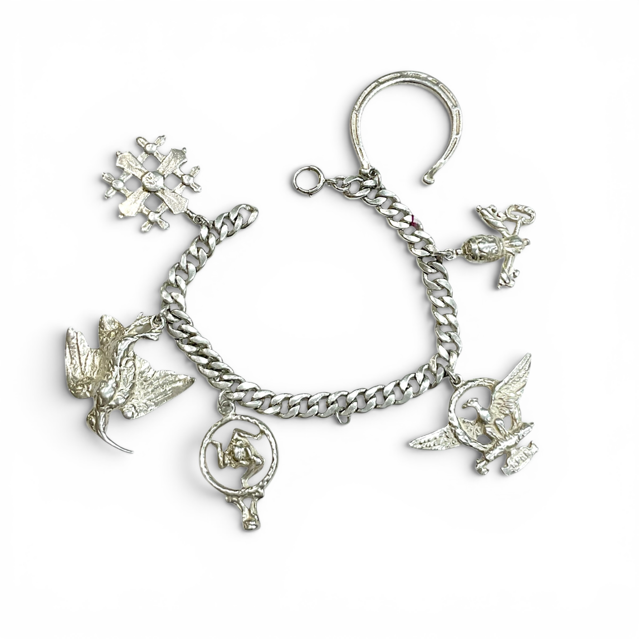 Vintage Sterling Silver Charm Bracelet With Six Mixed Charms — Triskelion, Eagle, Hummingbird, Horseshoe, Jerusalem Cross & Crossed Keys